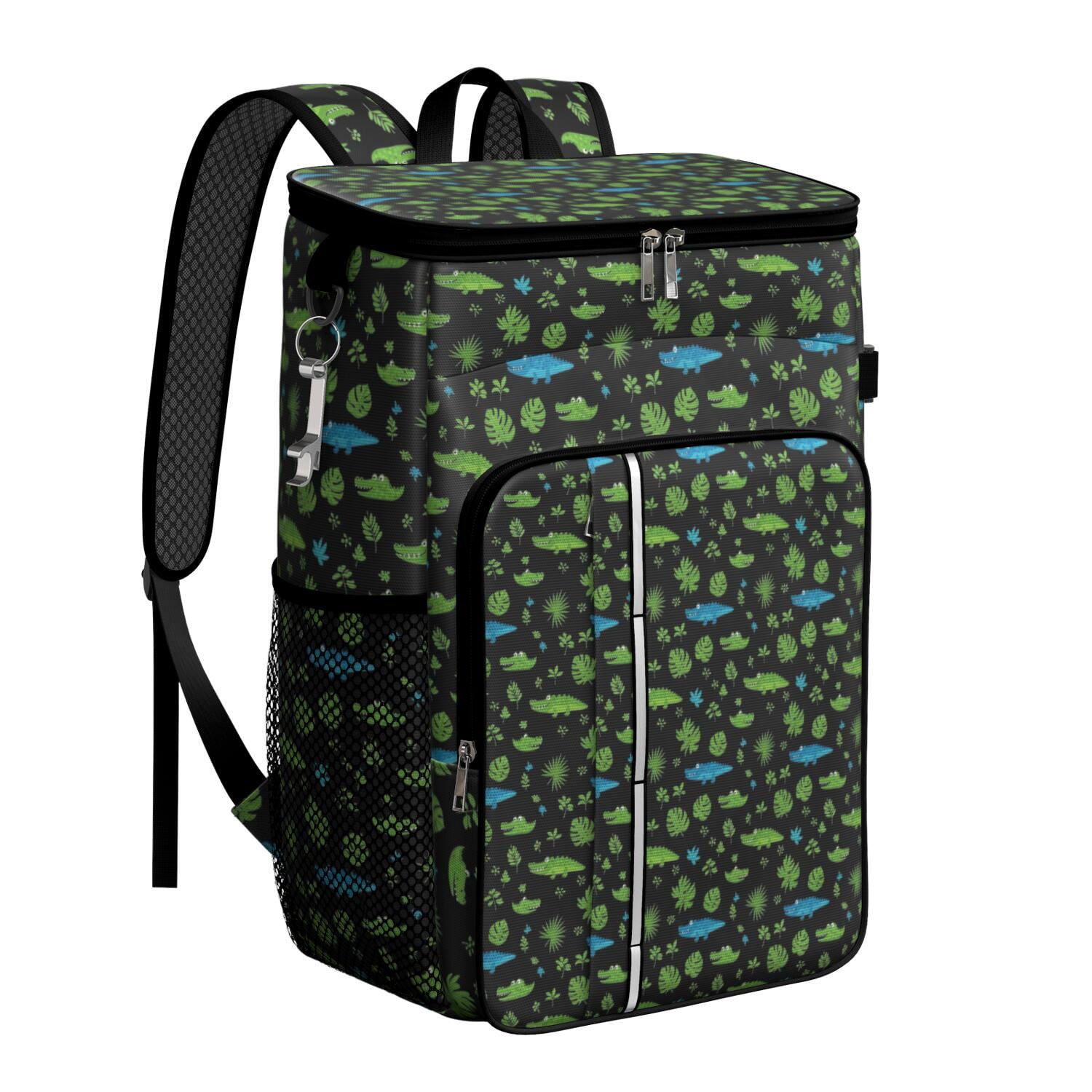 Travel Cooler Bag - Black Cartoon Crocodiles Leaves Pattern Camping Beer Cooler Backpack with Bottle Opener- Waterproof Insulated Picnic Backpacks - Cooler Bag for Beach