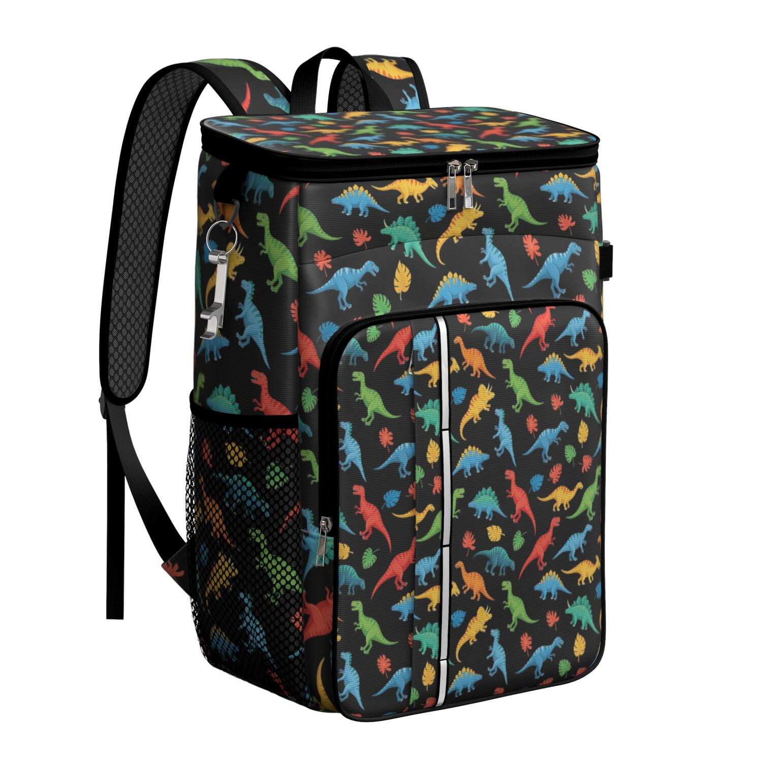 Travel Cooler Bag - Black Cartoon Dinosaurs Colorful Leaves Pattern Camping Beer Cooler Backpack with Bottle Opener- Waterproof Insulated Picnic Backpacks - Cooler Bag for Beach