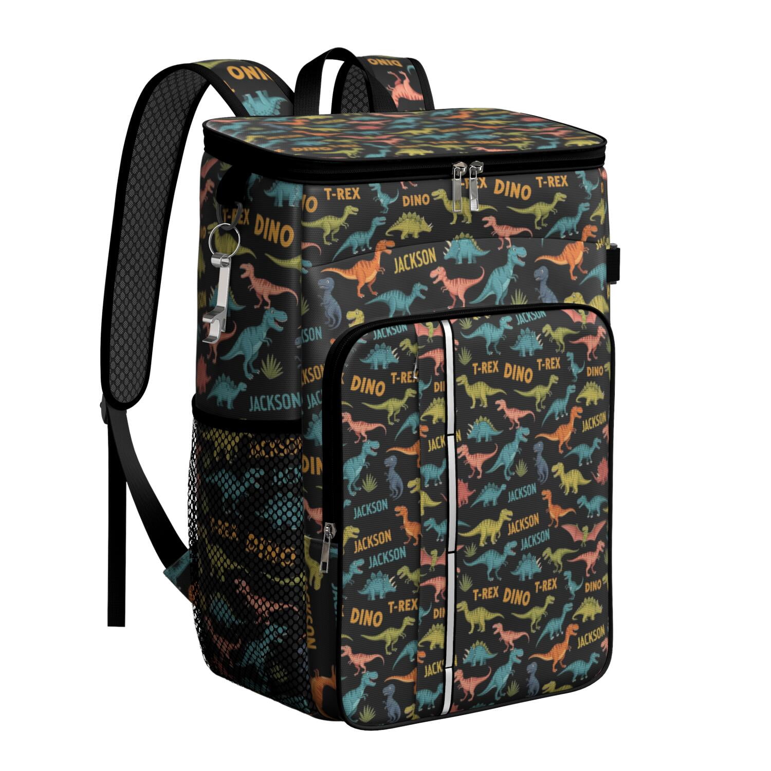 Travel Cooler Bag - Black Cartoon Dinosaurs Names Pattern Camping Beer Cooler Backpack with Bottle Opener- Waterproof Insulated Picnic Backpacks - Cooler Bag for Beach