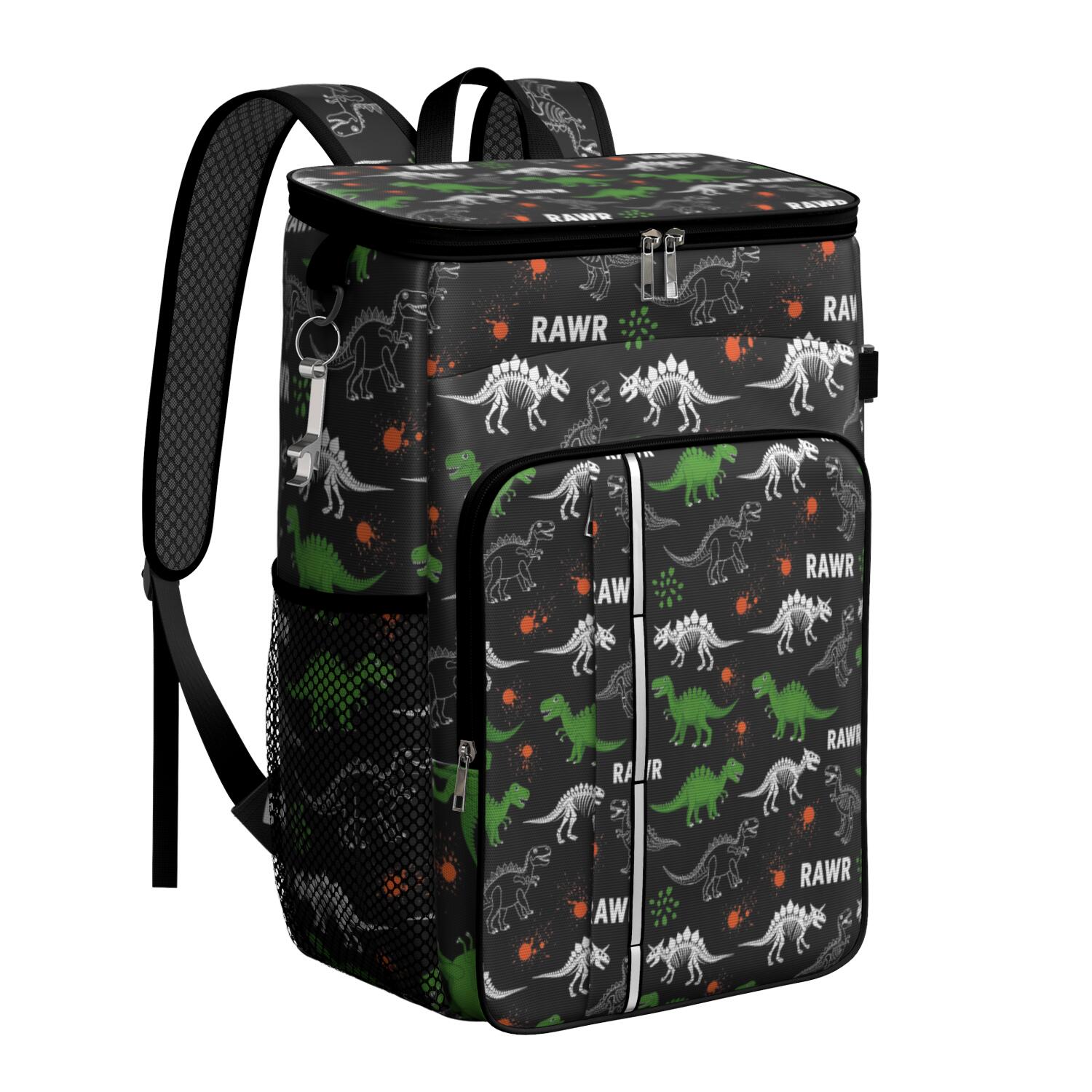 Travel Cooler Bag - Black Cartoon Dinosaurs Rawr Pattern Camping Beer Cooler Backpack with Bottle Opener- Waterproof Insulated Picnic Backpacks - Cooler Bag for Beach
