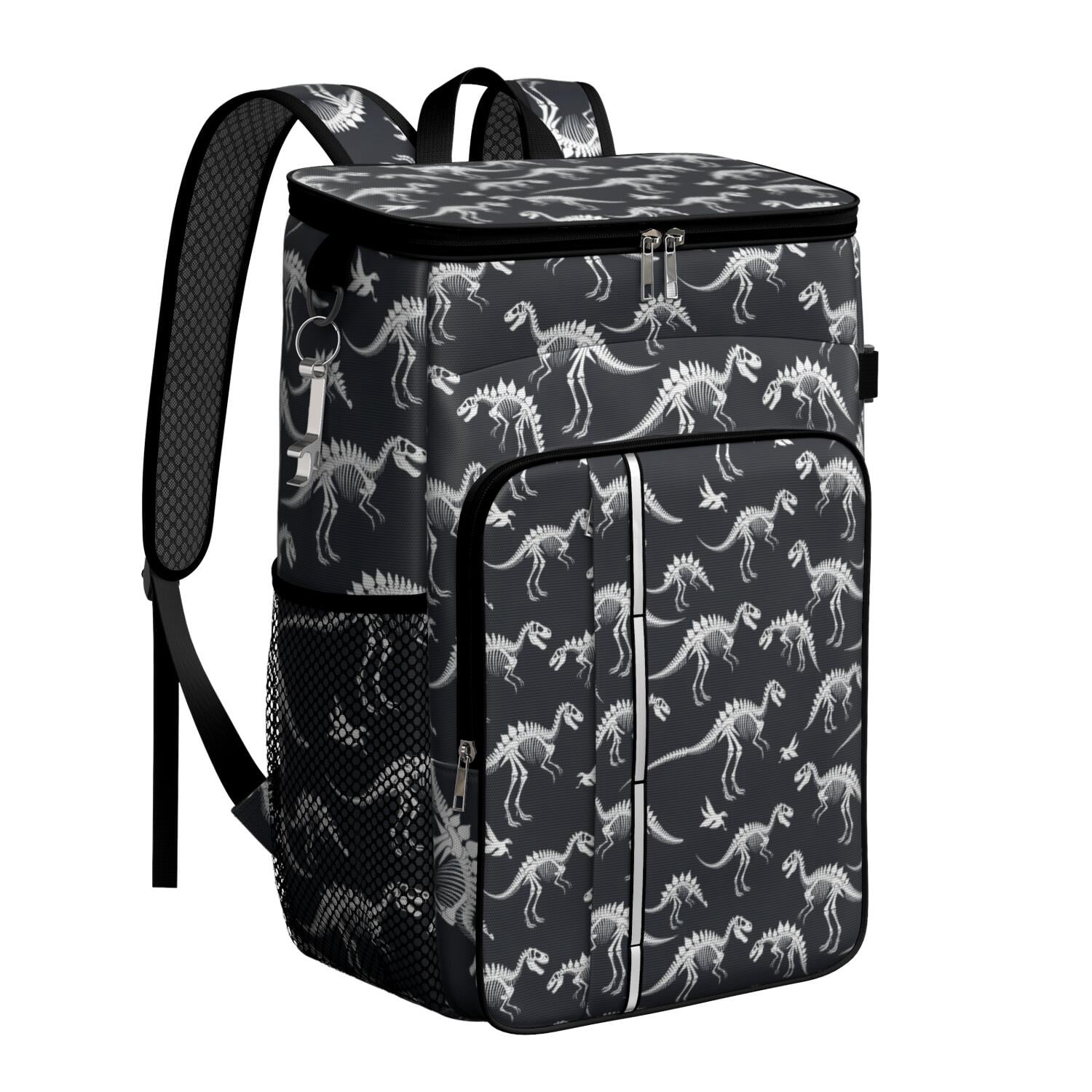 Travel Cooler Bag - Black Cartoon Dinosaurs Skeletons Pattern Camping Beer Cooler Backpack with Bottle Opener- Waterproof Insulated Picnic Backpacks - Cooler Bag for Beach