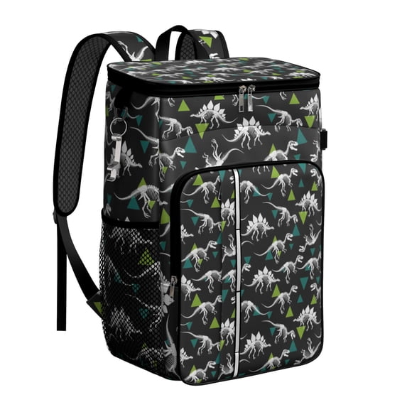 Travel Cooler Bag - Black Cartoon Dinosaurs Skeletons Triangles Pattern Camping Beer Cooler Backpack with Bottle Opener- Waterproof Insulated Picnic Backpacks - Cooler Bag for Beach