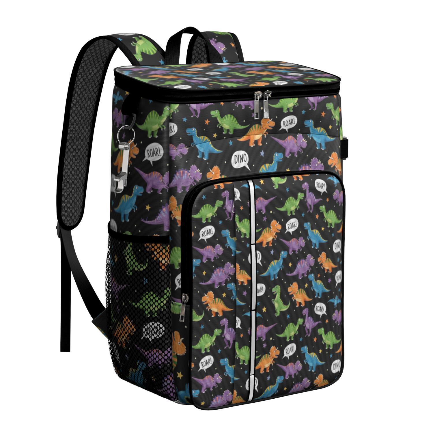 Travel Cooler Bag - Black Cartoon Dinosaurs Speech Bubbles Pattern Camping Beer Cooler Backpack with Bottle Opener- Waterproof Insulated Picnic Backpacks - Cooler Bag for Beach