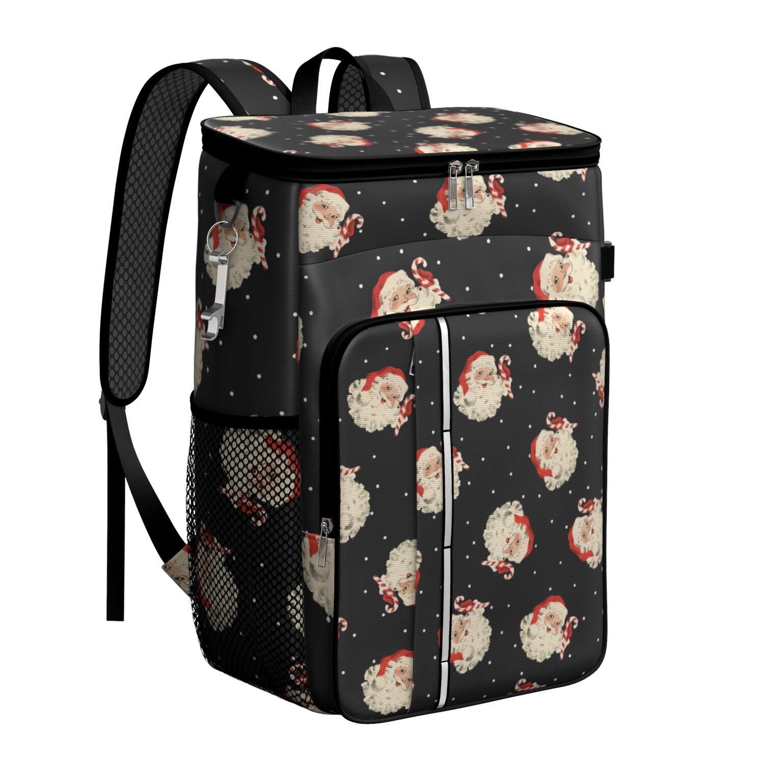 Travel Cooler Bag - Black Christmas Santa Pattern Camping Beer Cooler Backpack with Bottle Opener- Waterproof Insulated Picnic Backpacks - Cooler Bag for Beach