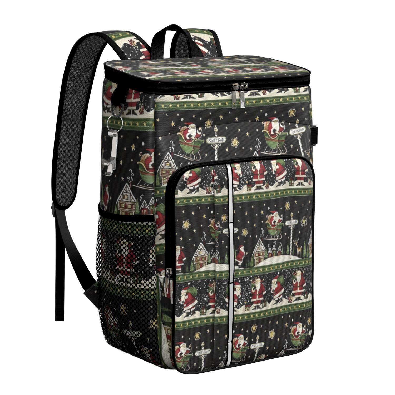 Travel Cooler Bag - Black Christmas Santa Pattern Camping Beer Cooler Backpack with Bottle Opener- Waterproof Insulated Picnic Backpacks - Cooler Bag for Beach