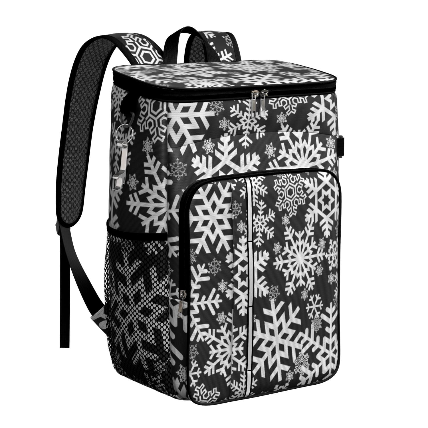Travel Cooler Bag - Black Christmas Snowflake Pattern Camping Beer Cooler Backpack with Bottle Opener- Waterproof Insulated Picnic Backpacks - Cooler Bag for Beach
