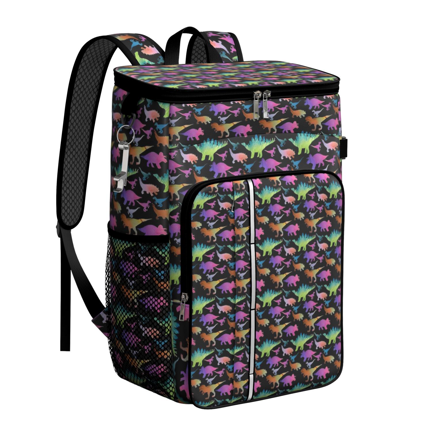 Travel Cooler Bag - Black Colorful Dinosaurs Pattern Camping Beer Cooler Backpack with Bottle Opener- Waterproof Insulated Picnic Backpacks - Cooler Bag for Beach