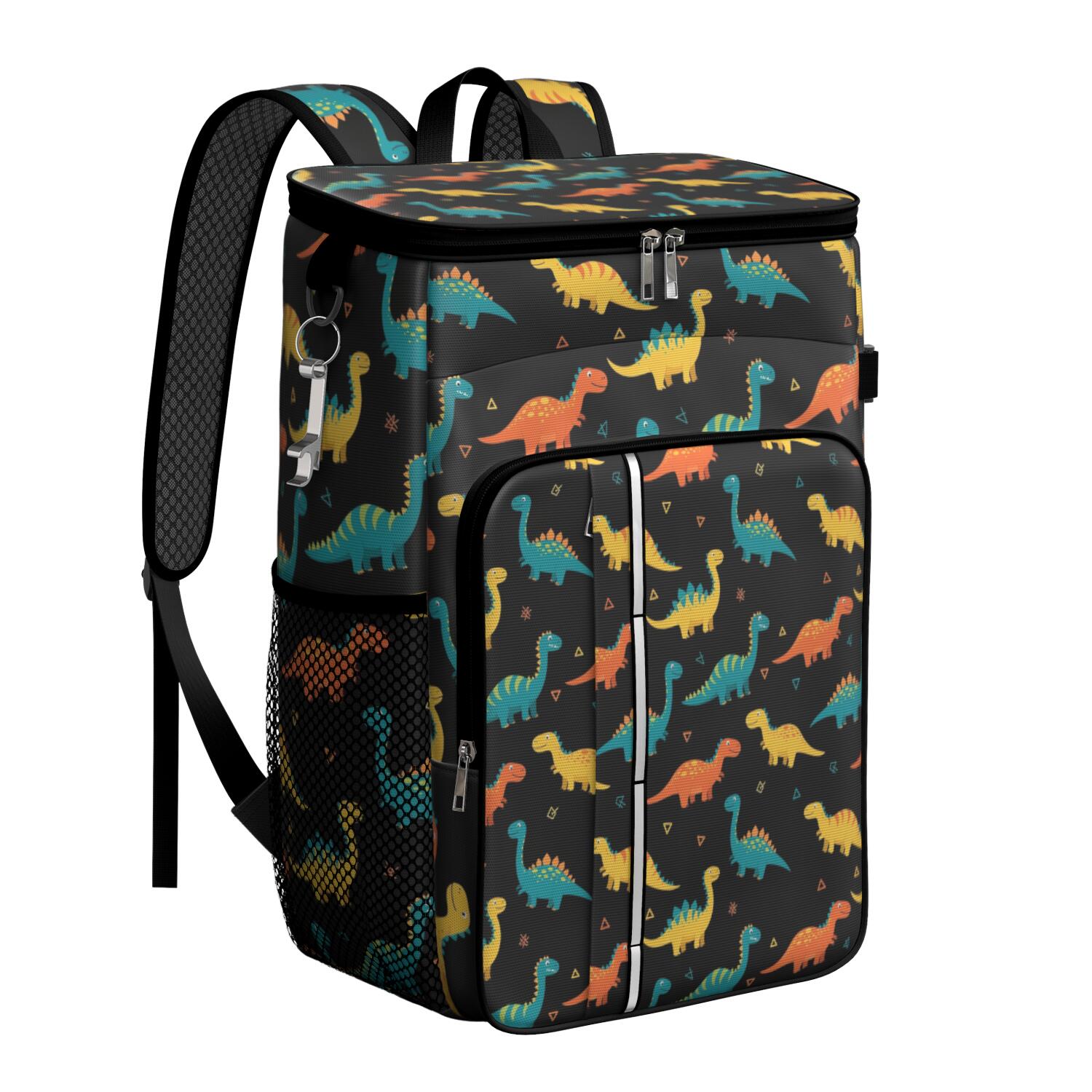 Travel Cooler Bag - Black Colorful Dinosaurs Pattern Camping Beer Cooler Backpack with Bottle Opener- Waterproof Insulated Picnic Backpacks - Cooler Bag for Beach