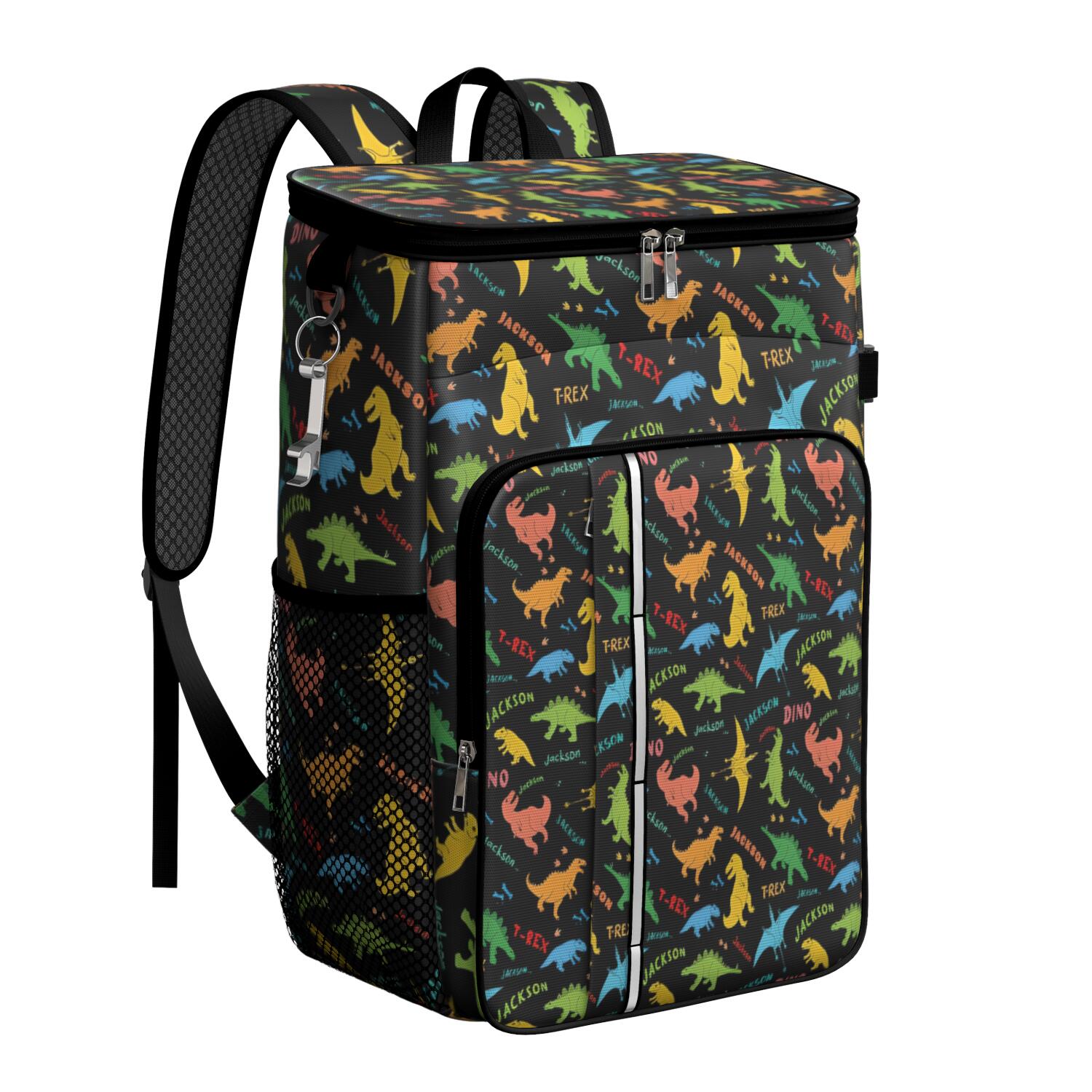 Travel Cooler Bag - Black Dinosaurs Jackson Text Pattern Camping Beer Cooler Backpack with Bottle Opener- Waterproof Insulated Picnic Backpacks - Cooler Bag for Beach