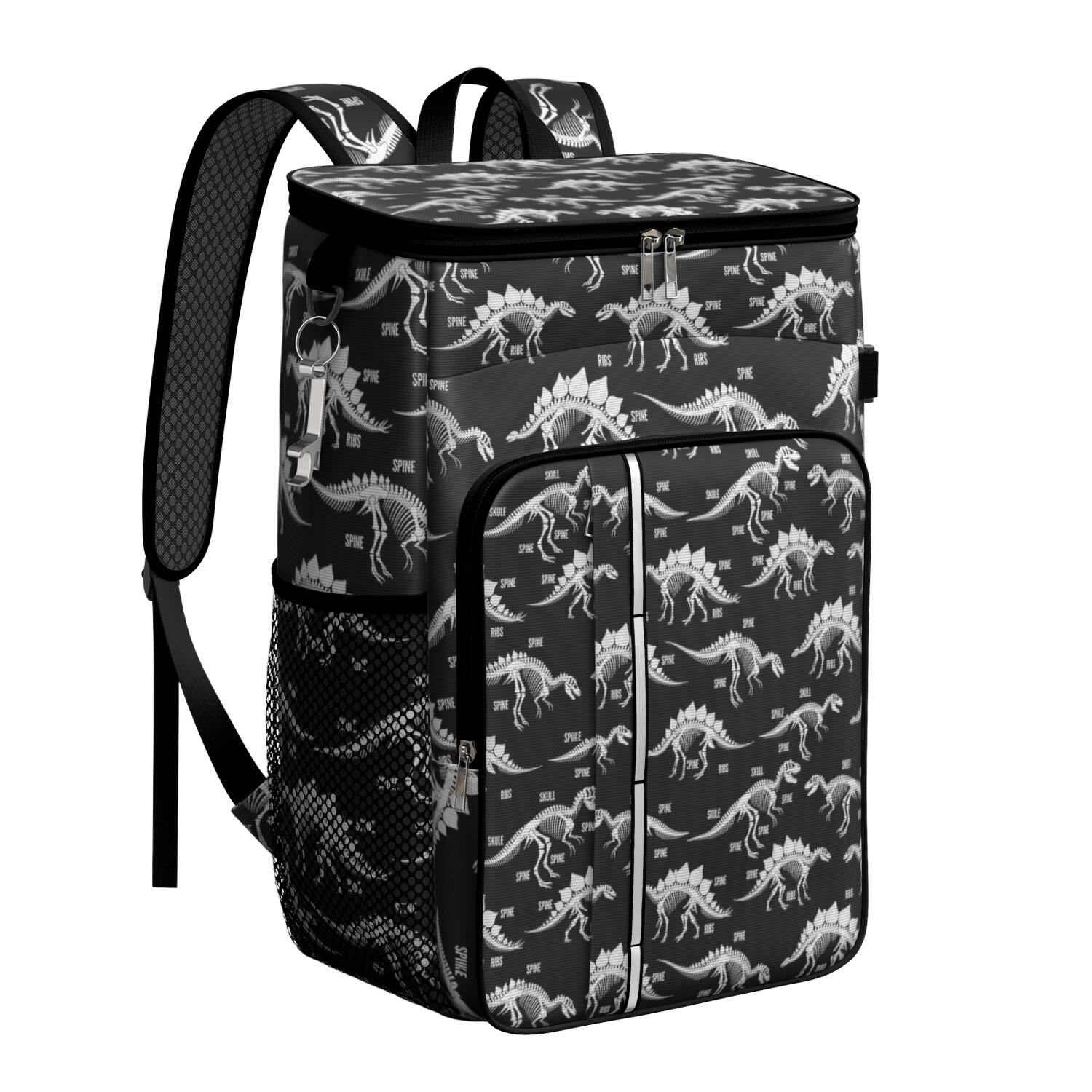 Travel Cooler Bag - Black Dinosaurs Skeleton Text Pattern Camping Beer Cooler Backpack with Bottle Opener- Waterproof Insulated Picnic Backpacks - Cooler Bag for Beach