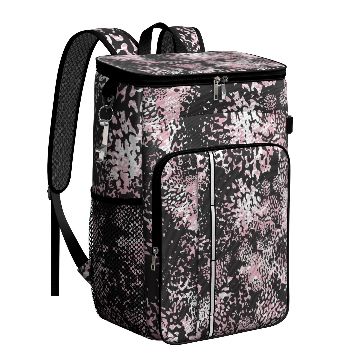 Travel Cooler Bag - Black and Pink Of Leopard Print Camping Beer Cooler Backpack with Bottle Opener- Waterproof Insulated Picnic Backpacks - Cooler Bag for Beach
