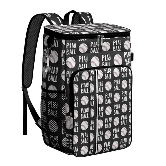 Travel Cooler Bag - Black Play Ball Baseball Pattern Camping Beer Cooler Backpack with Bottle Opener- Waterproof Insulated Picnic Backpacks - Cooler Bag for Beach
