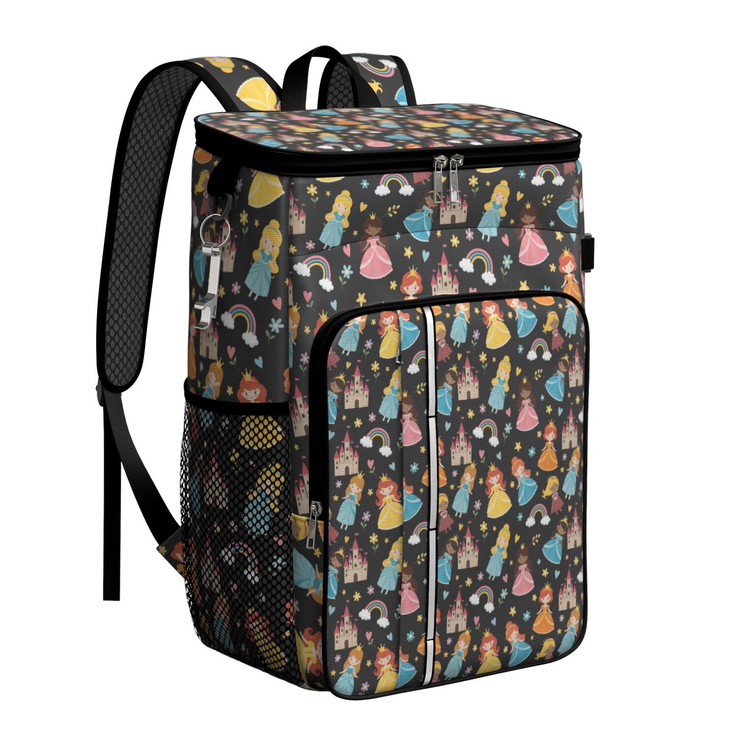 Travel Cooler Bag - Black Princess Castle Pattern Camping Beer Cooler Backpack with Bottle Opener- Waterproof Insulated Picnic Backpacks - Cooler Bag for Beach