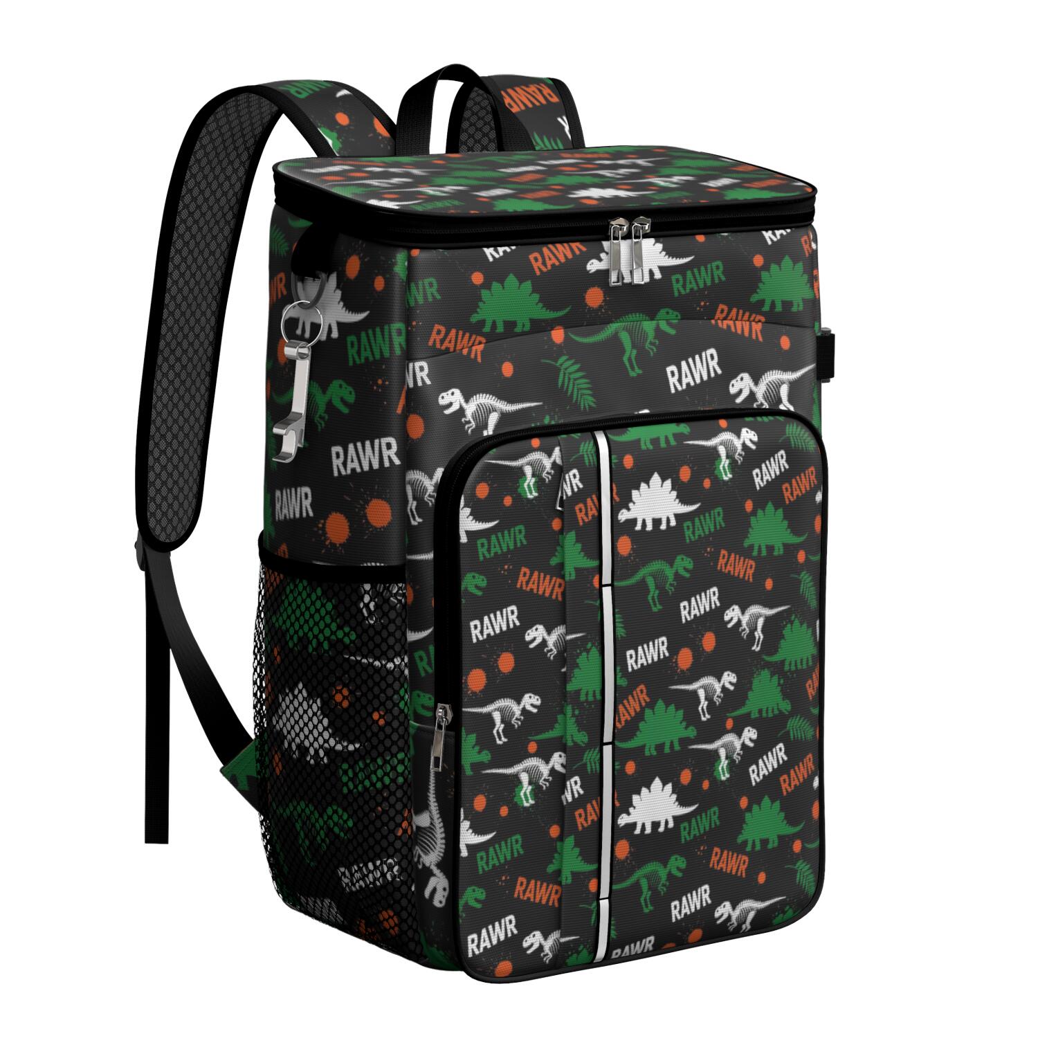 Travel Cooler Bag - Black Rawr Dinosaur Skeleton Pattern Camping Beer Cooler Backpack with Bottle Opener- Waterproof Insulated Picnic Backpacks - Cooler Bag for Beach