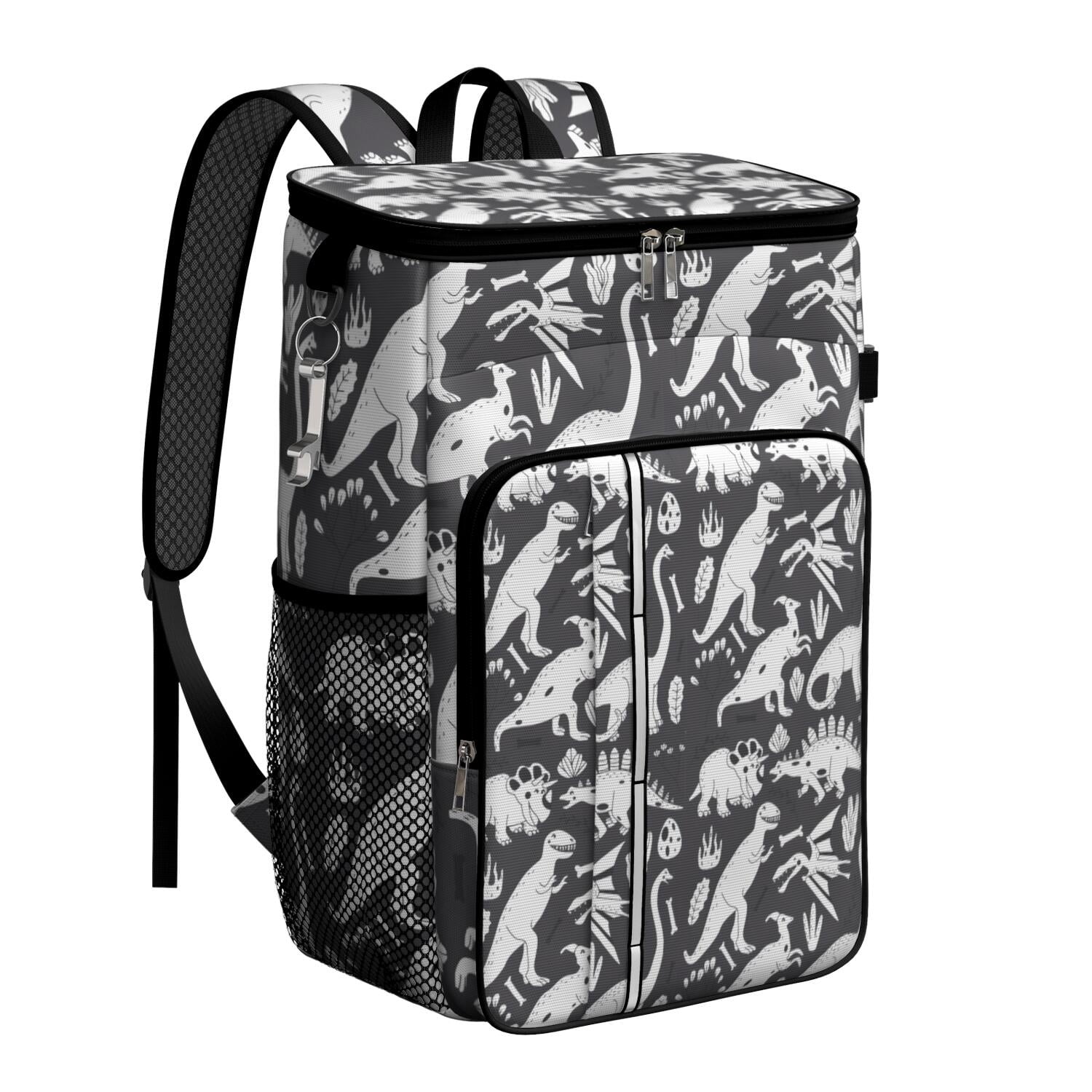 Travel Cooler Bag - Black and White Dinosaur Pattern Camping Beer Cooler Backpack with Bottle Opener- Waterproof Insulated Picnic Backpacks - Cooler Bag for Beach