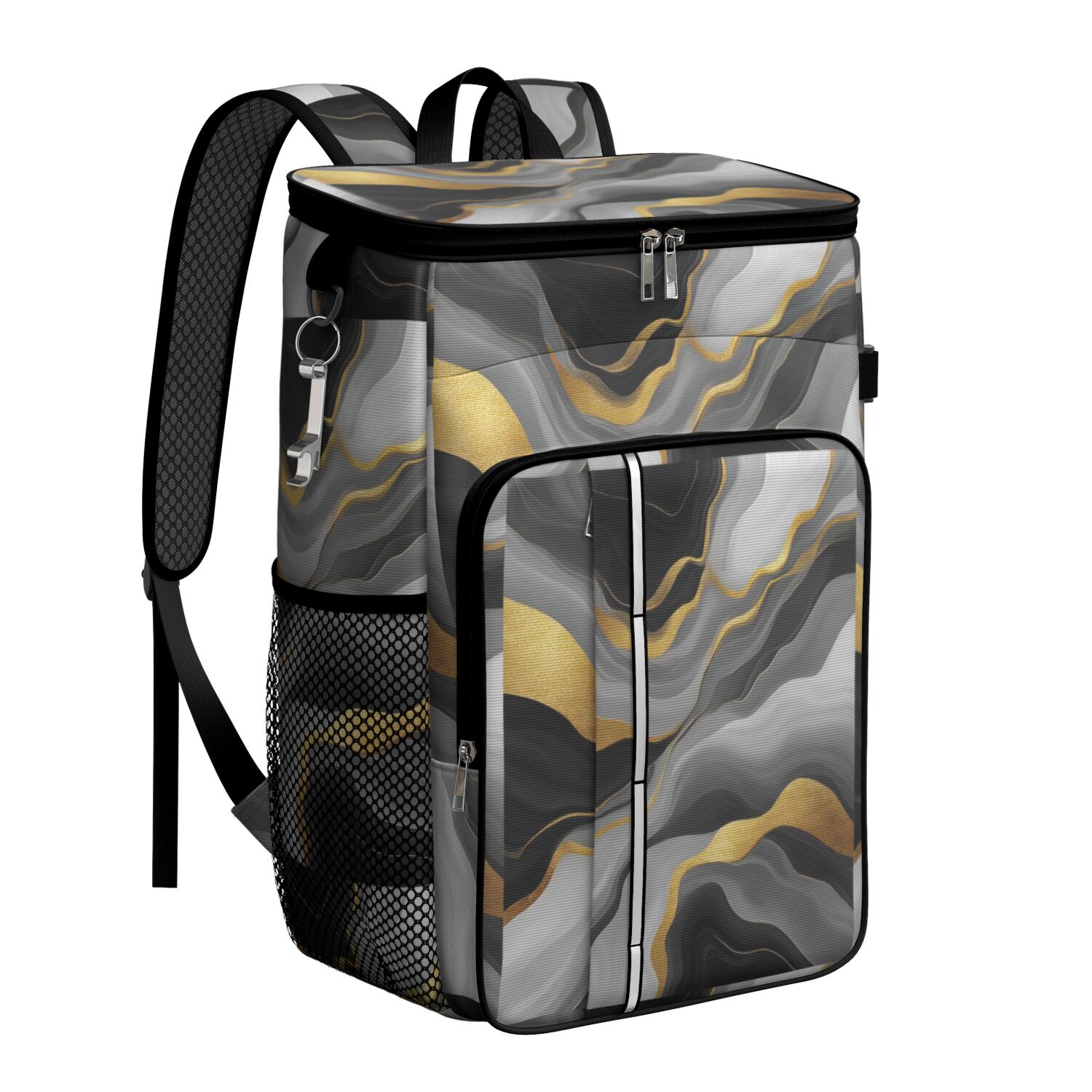 Travel Cooler Bag - Black White and Gold Marble Camping Beer Cooler Backpack with Bottle Opener- Waterproof Insulated Picnic Backpacks - Cooler Bag for Beach
