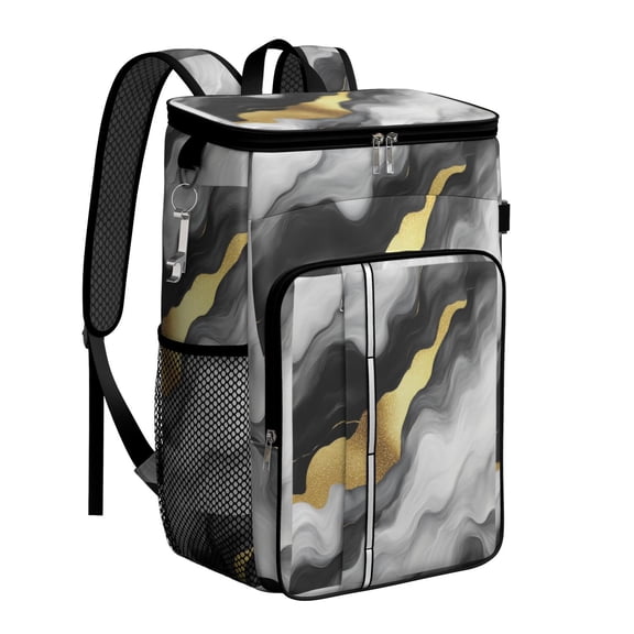 Travel Cooler Bag - Black White and Gold Marble Camping Beer Cooler Backpack with Bottle Opener- Waterproof Insulated Picnic Backpacks - Cooler Bag for Beach
