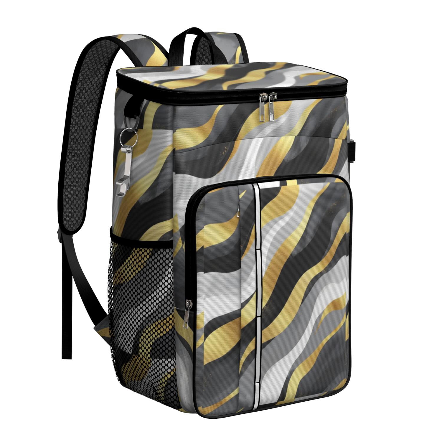 Travel Cooler Bag - Black White and Gold Marble Camping Beer Cooler Backpack with Bottle Opener- Waterproof Insulated Picnic Backpacks - Cooler Bag for Beach
