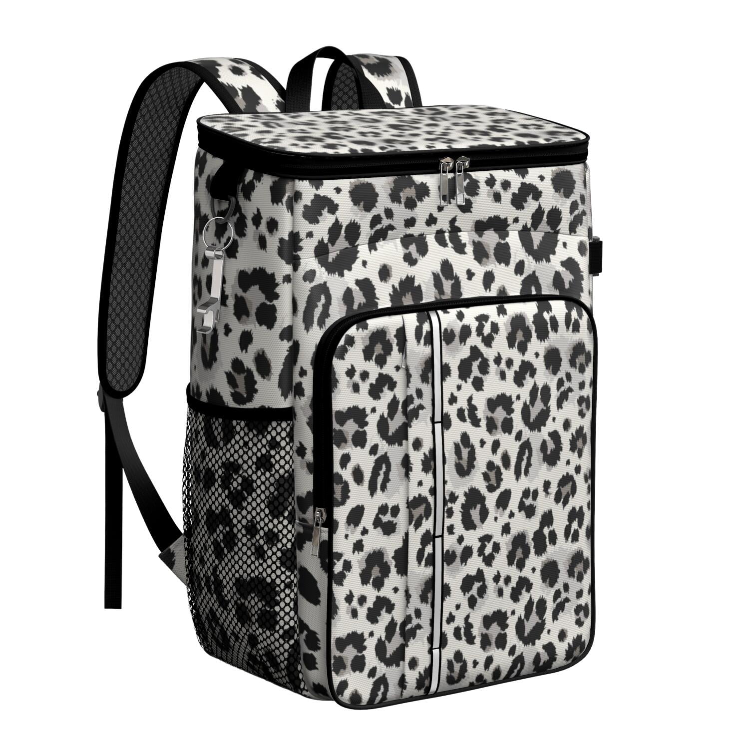 Travel Cooler Bag - Black and White Leopard Pattern Camping Beer Cooler Backpack with Bottle Opener- Waterproof Insulated Picnic Backpacks - Cooler Bag for Beach
