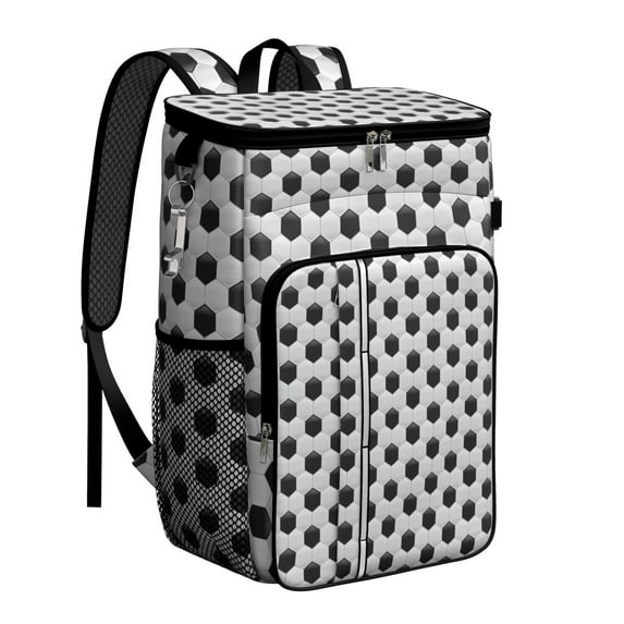 Travel Cooler Bag - Black White Soccer Pattern Camping Beer Cooler Backpack with Bottle Opener- Waterproof Insulated Picnic Backpacks - Cooler Bag for Beach
