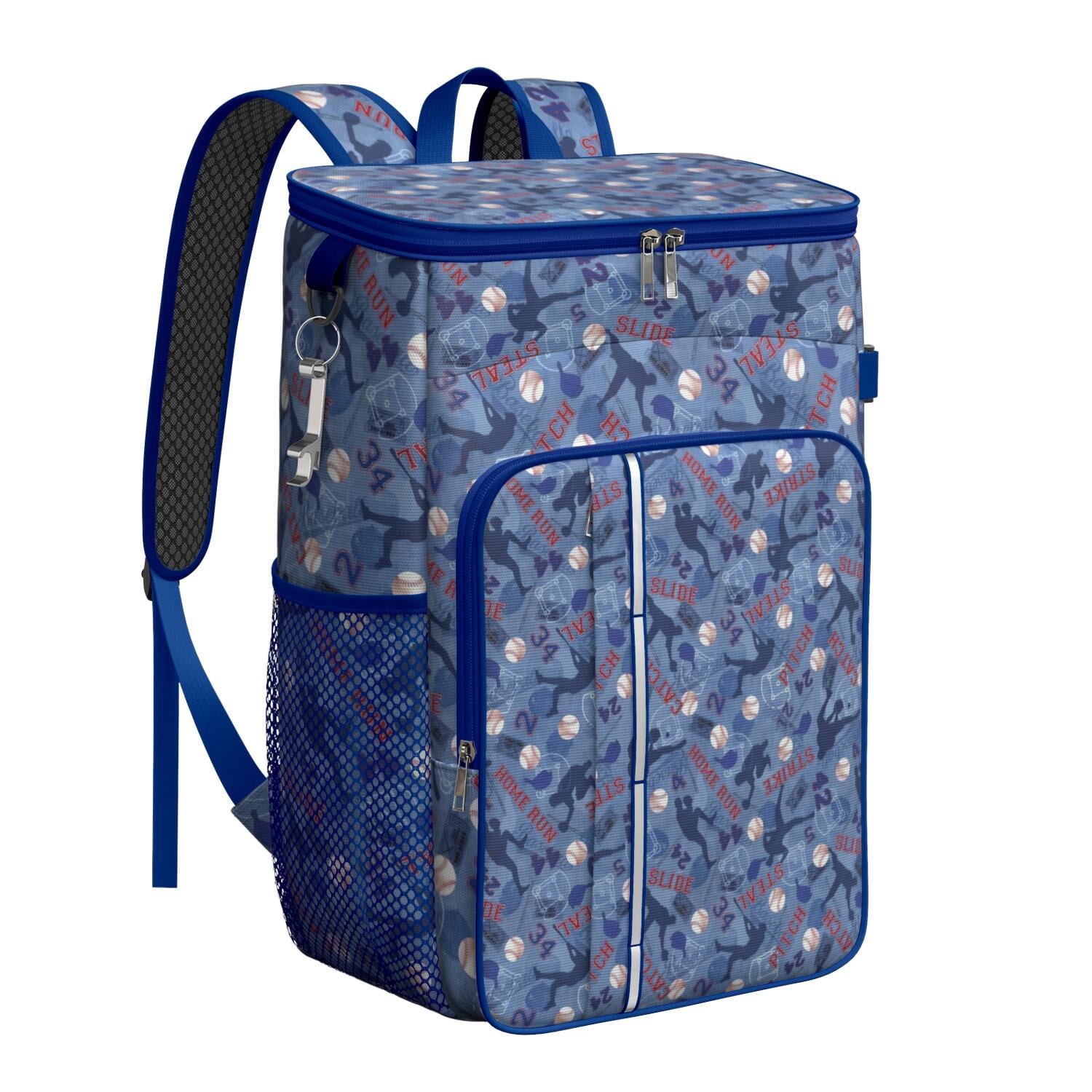 Travel Cooler Bag - Blue Baseball Silhouette Pattern Camping Beer Cooler Backpack with Bottle Opener- Waterproof Insulated Picnic Backpacks - Cooler Bag for Beach
