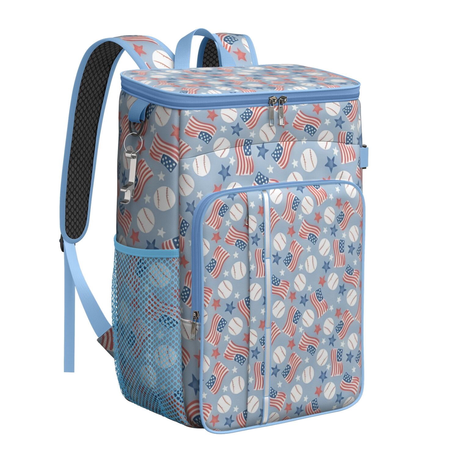 Travel Cooler Bag - Blue Baseballs and USA Flags Pattern Camping Beer Cooler Backpack with Bottle Opener- Waterproof Insulated Picnic Backpacks - Cooler Bag for Beach