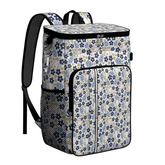 Travel Cooler Bag - Blue Baseballs with Yellow Flowers Pattern Camping Beer Cooler Backpack with Bottle Opener- Waterproof Insulated Picnic Backpacks - Cooler Bag for Beach