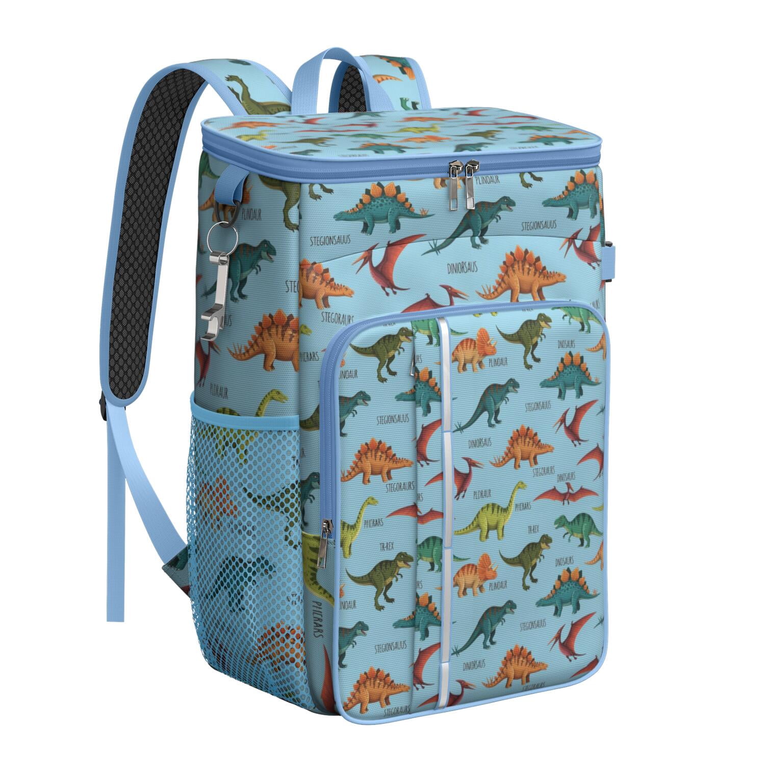 Travel Cooler Bag - Blue Cartoon Dinosaurs Names Pattern Camping Beer Cooler Backpack with Bottle Opener- Waterproof Insulated Picnic Backpacks - Cooler Bag for Beach