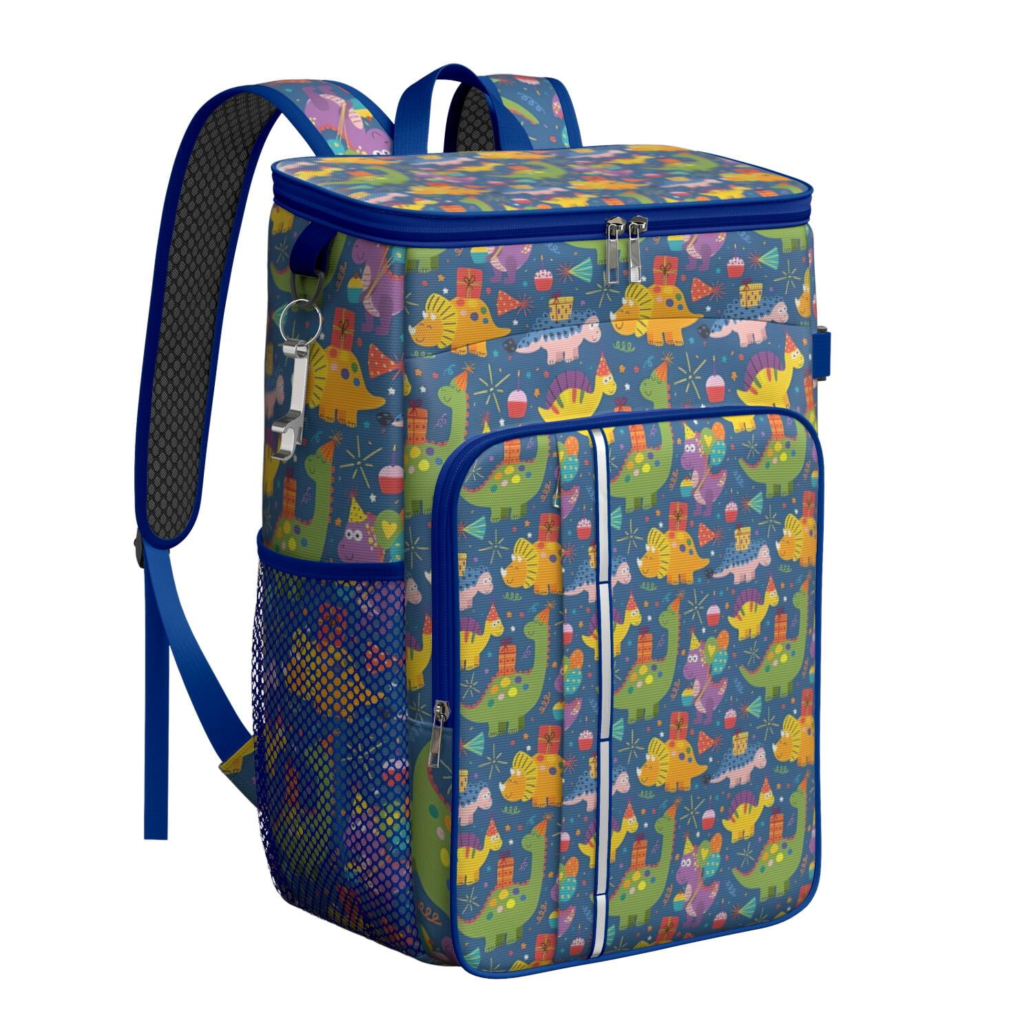 Travel Cooler Bag - Blue Cartoon Dinosaurs Party Pattern Camping Beer Cooler Backpack with Bottle Opener- Waterproof Insulated Picnic Backpacks - Cooler Bag for Beach