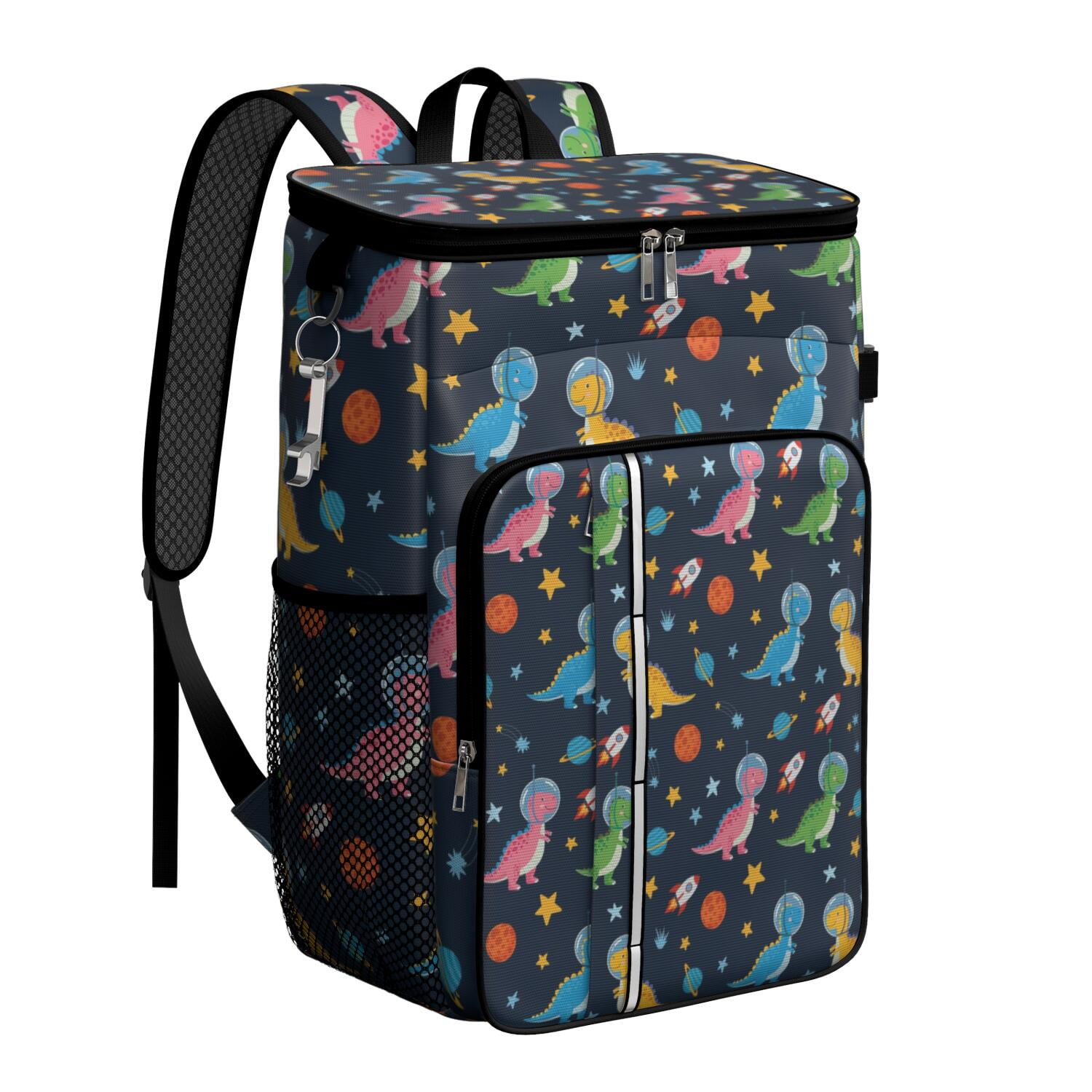Travel Cooler Bag - Blue Cartoon Dinosaurs Rockets Pattern Camping Beer Cooler Backpack with Bottle Opener- Waterproof Insulated Picnic Backpacks - Cooler Bag for Beach