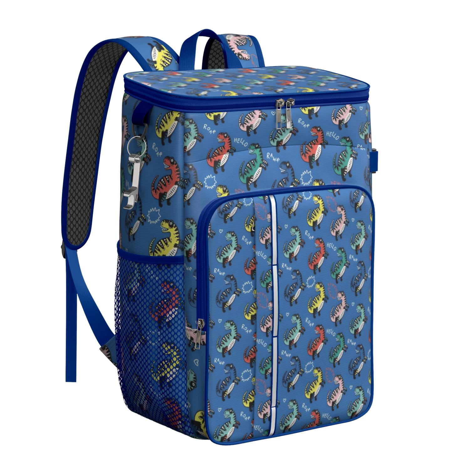 Travel Cooler Bag - Blue Cartoon Dinosaurs Text Pattern Camping Beer Cooler Backpack with Bottle Opener- Waterproof Insulated Picnic Backpacks - Cooler Bag for Beach