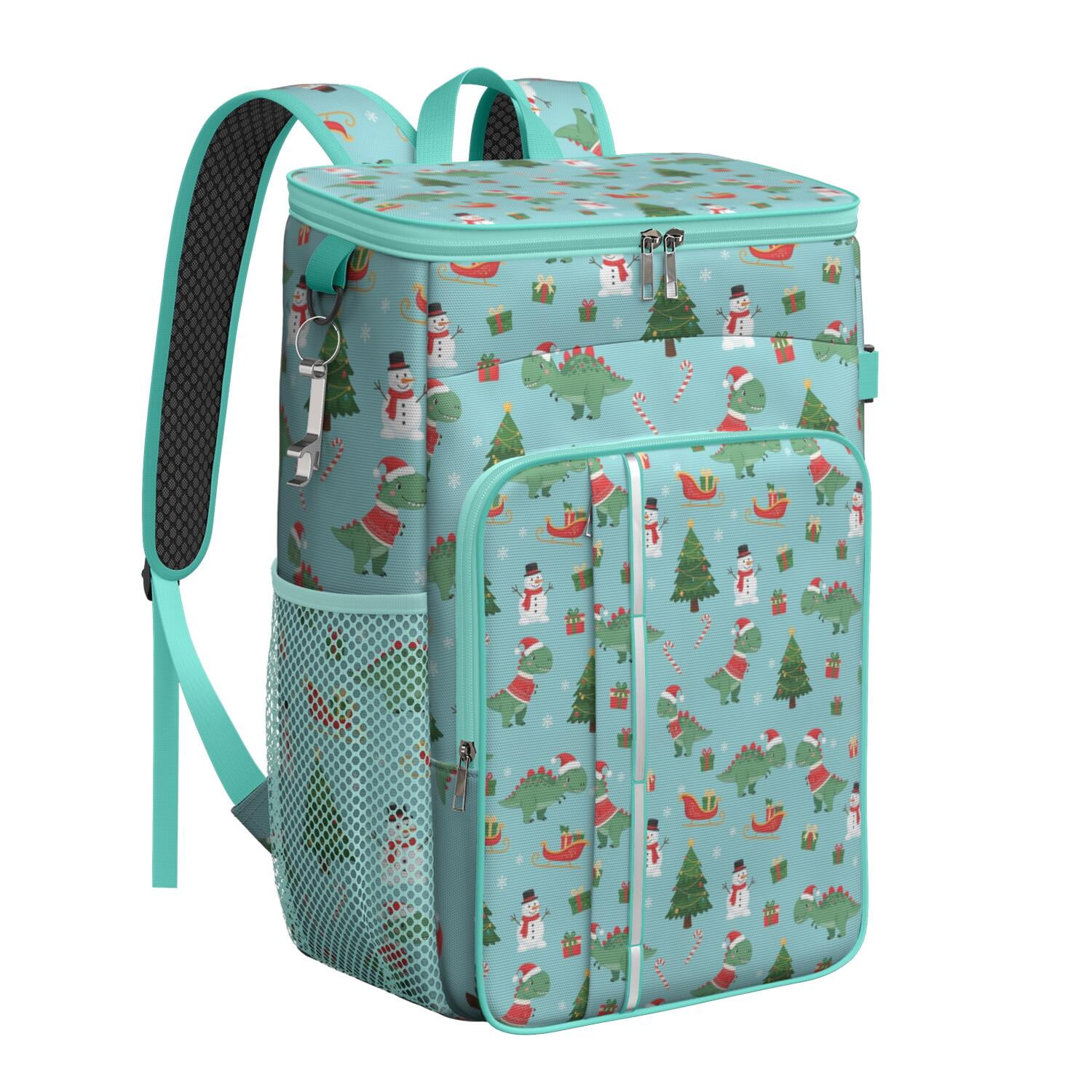 Travel Cooler Bag - Blue Christmas Dinosaurs Snowmen Pattern Camping Beer Cooler Backpack with Bottle Opener- Waterproof Insulated Picnic Backpacks - Cooler Bag for Beach