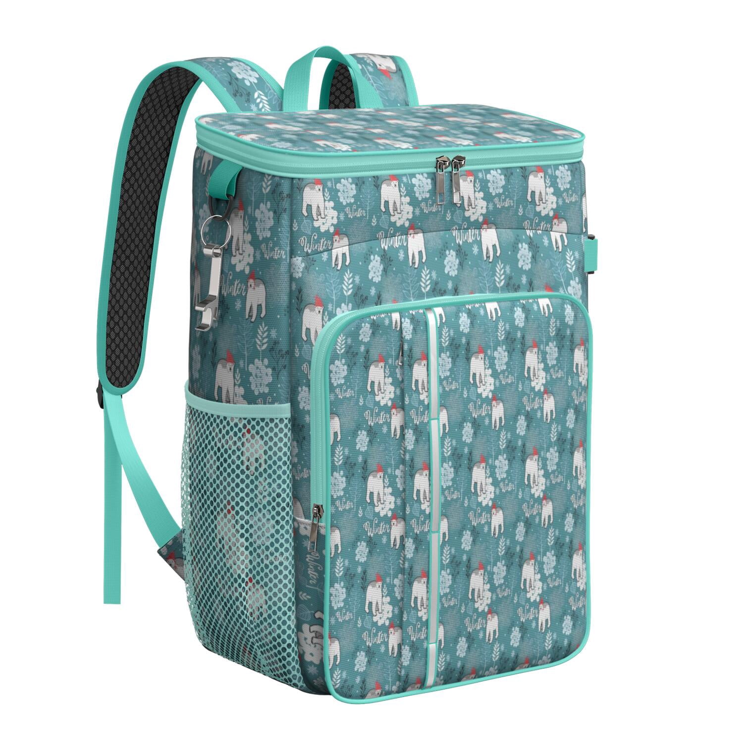 Travel Cooler Bag - Blue Christmas Polar Bear Pattern Camping Beer Cooler Backpack with Bottle Opener- Waterproof Insulated Picnic Backpacks - Cooler Bag for Beach
