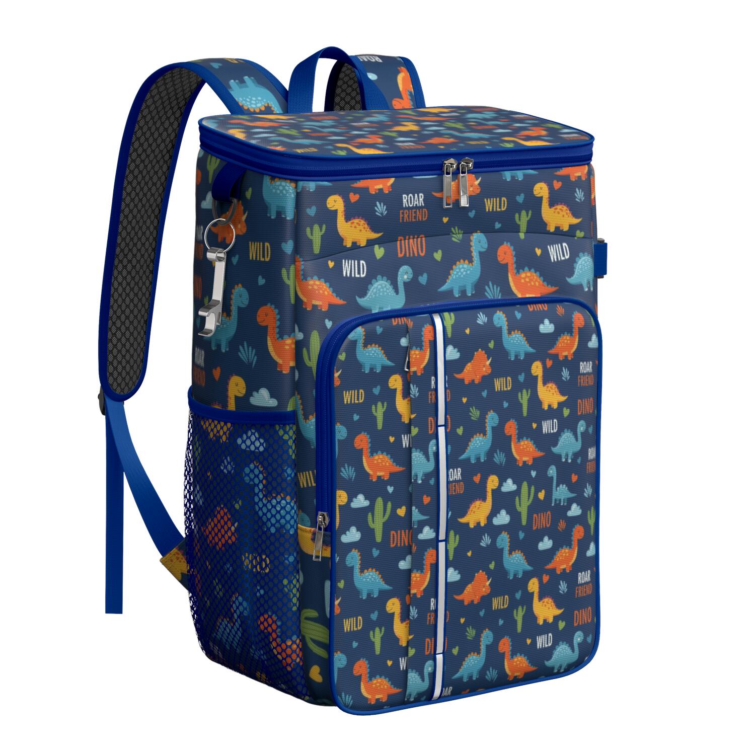 Travel Cooler Bag - Blue Dinosaurs with Clouds and Text Camping Beer Cooler Backpack with Bottle Opener- Waterproof Insulated Picnic Backpacks - Cooler Bag for Beach