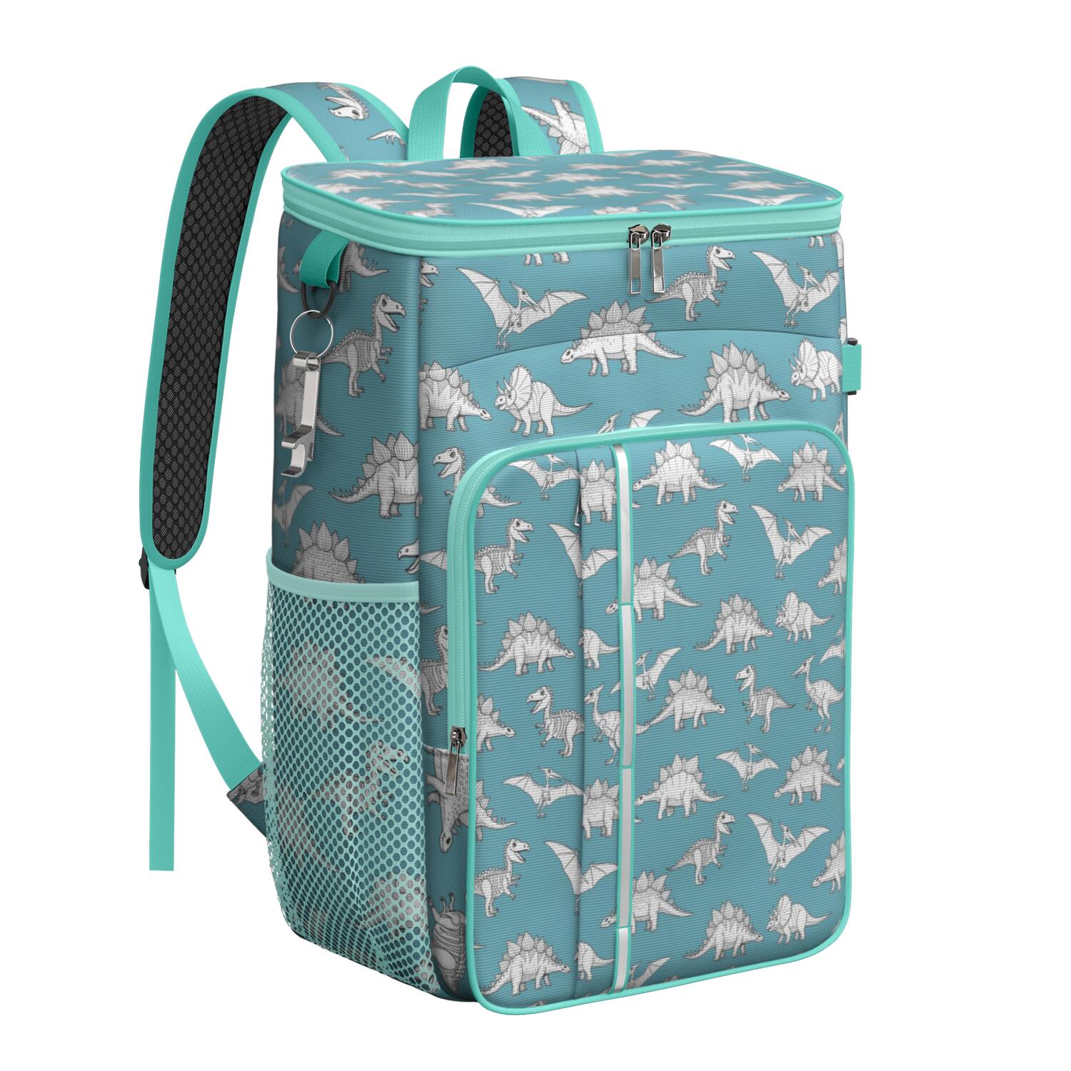 Travel Cooler Bag - Blue Dinosaurs Skeletons Pterosaurs Pattern Camping Beer Cooler Backpack with Bottle Opener- Waterproof Insulated Picnic Backpacks - Cooler Bag for Beach