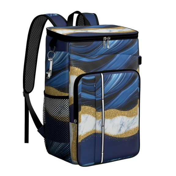 Travel Cooler Bag - Blue Gold Marble Camping Beer Cooler Backpack with Bottle Opener- Waterproof Insulated Picnic Backpacks - Cooler Bag for Beach