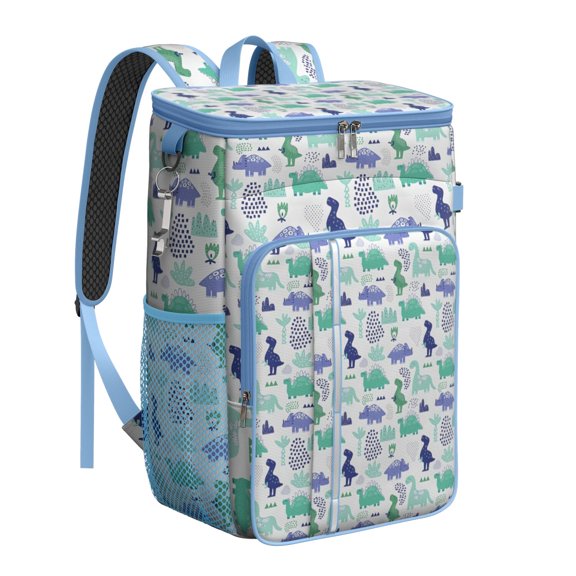 Travel Cooler Bag - Blue Green Dinosaurs Geometric Pattern Camping Beer Cooler Backpack with Bottle Opener- Waterproof Insulated Picnic Backpacks - Cooler Bag for Beach