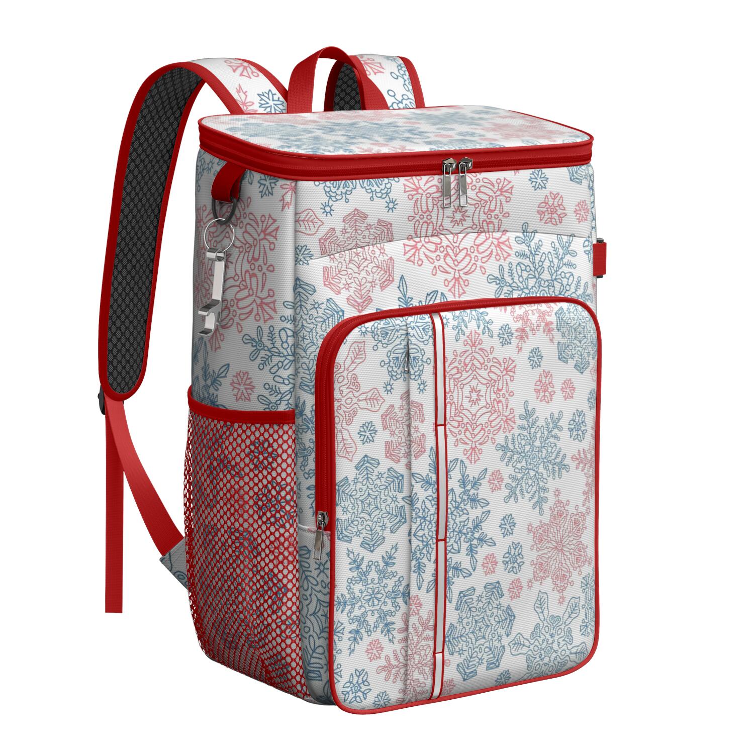 Travel Cooler Bag - Blue and Pink Christmas Snowflake Pattern Camping Beer Cooler Backpack with Bottle Opener- Waterproof Insulated Picnic Backpacks - Cooler Bag for Beach