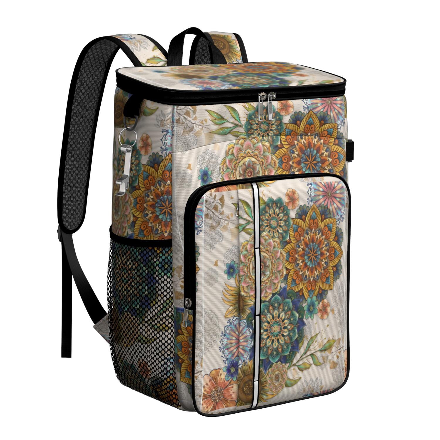 Travel Cooler Bag - Boho Bohemia Flower Camping Beer Cooler Backpack with Bottle Opener- Waterproof Insulated Picnic Backpacks - Cooler Bag for Beach