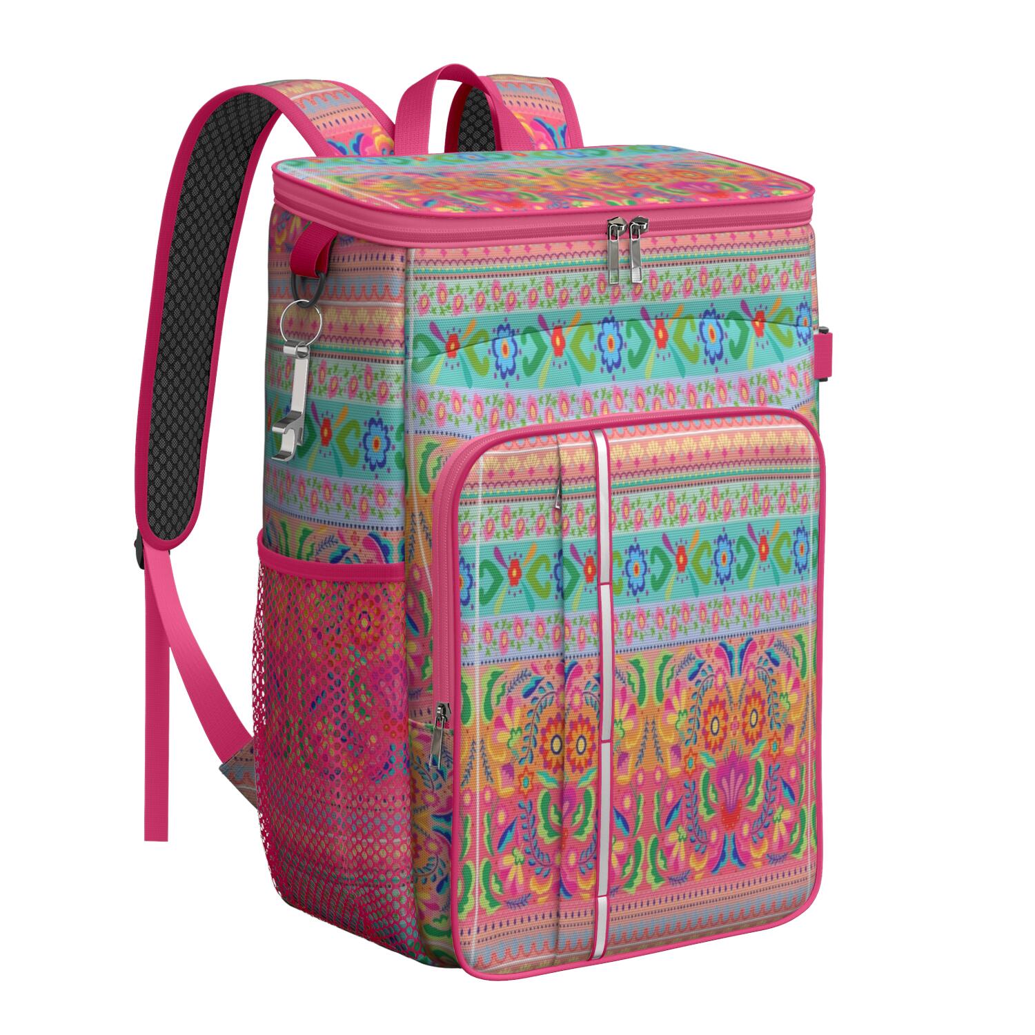 Travel Cooler Bag - Boho Bohemia Pioneer Flower Geometric Line Art Camping Beer Cooler Backpack with Bottle Opener- Waterproof Insulated Picnic Backpacks - Cooler Bag for Beach