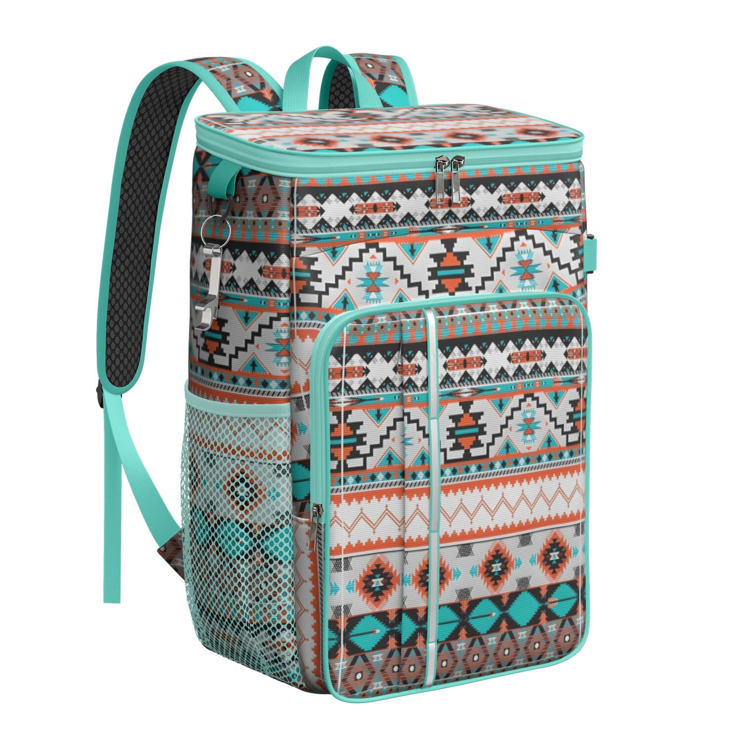 Travel Cooler Bag - Boho Bohemia Pioneer Flower Geometric Line Art Camping Beer Cooler Backpack with Bottle Opener- Waterproof Insulated Picnic Backpacks - Cooler Bag for Beach