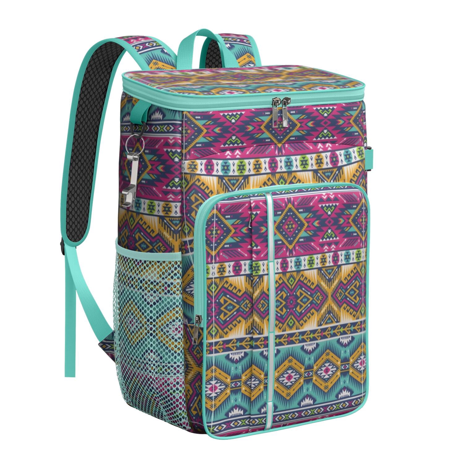 Travel Cooler Bag - Boho Bohemia Pioneer Flower Geometric Line Art Camping Beer Cooler Backpack with Bottle Opener- Waterproof Insulated Picnic Backpacks - Cooler Bag for Beach