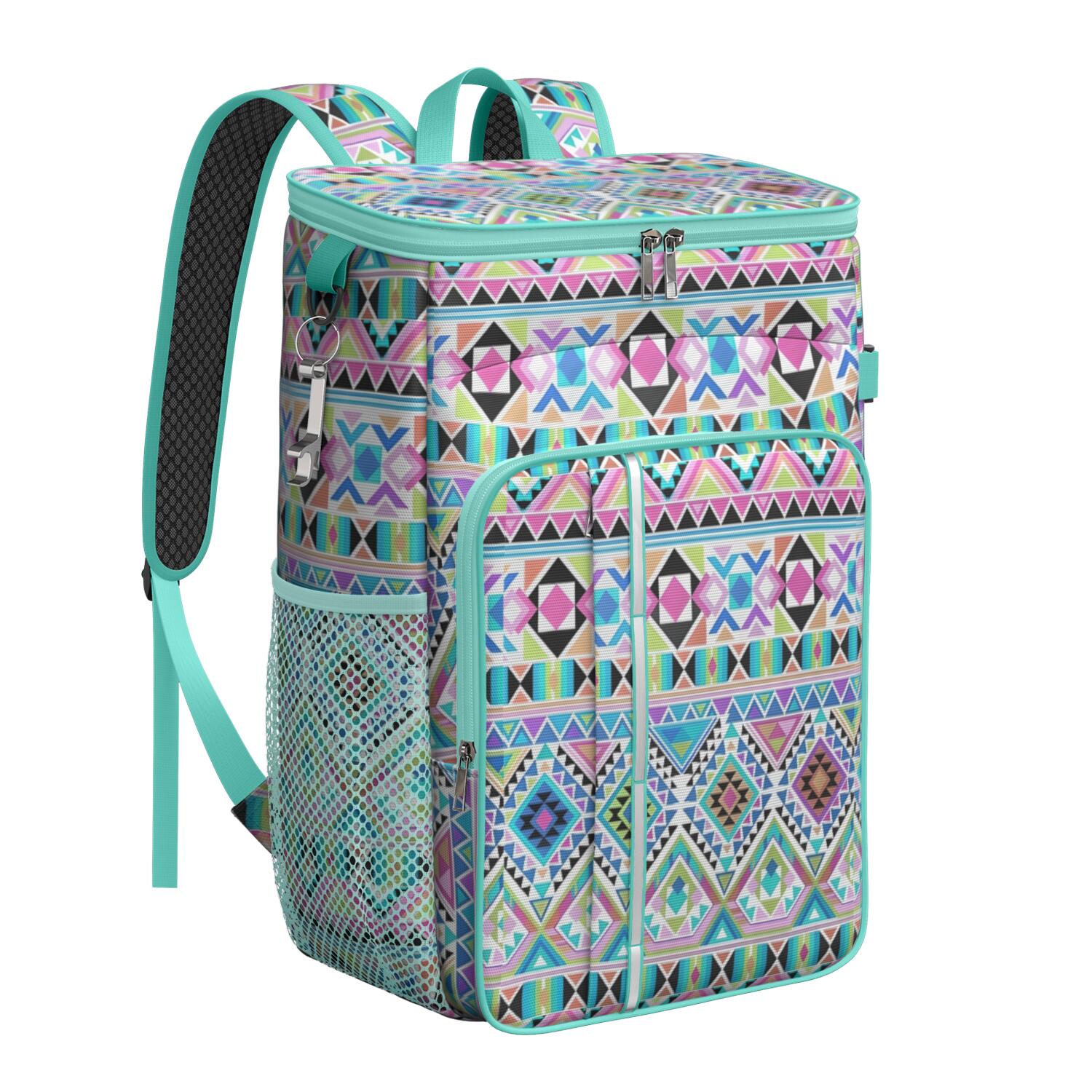 Travel Cooler Bag - Boho Bohemia Pioneer Flower Geometric Line Art Camping Beer Cooler Backpack with Bottle Opener- Waterproof Insulated Picnic Backpacks - Cooler Bag for Beach