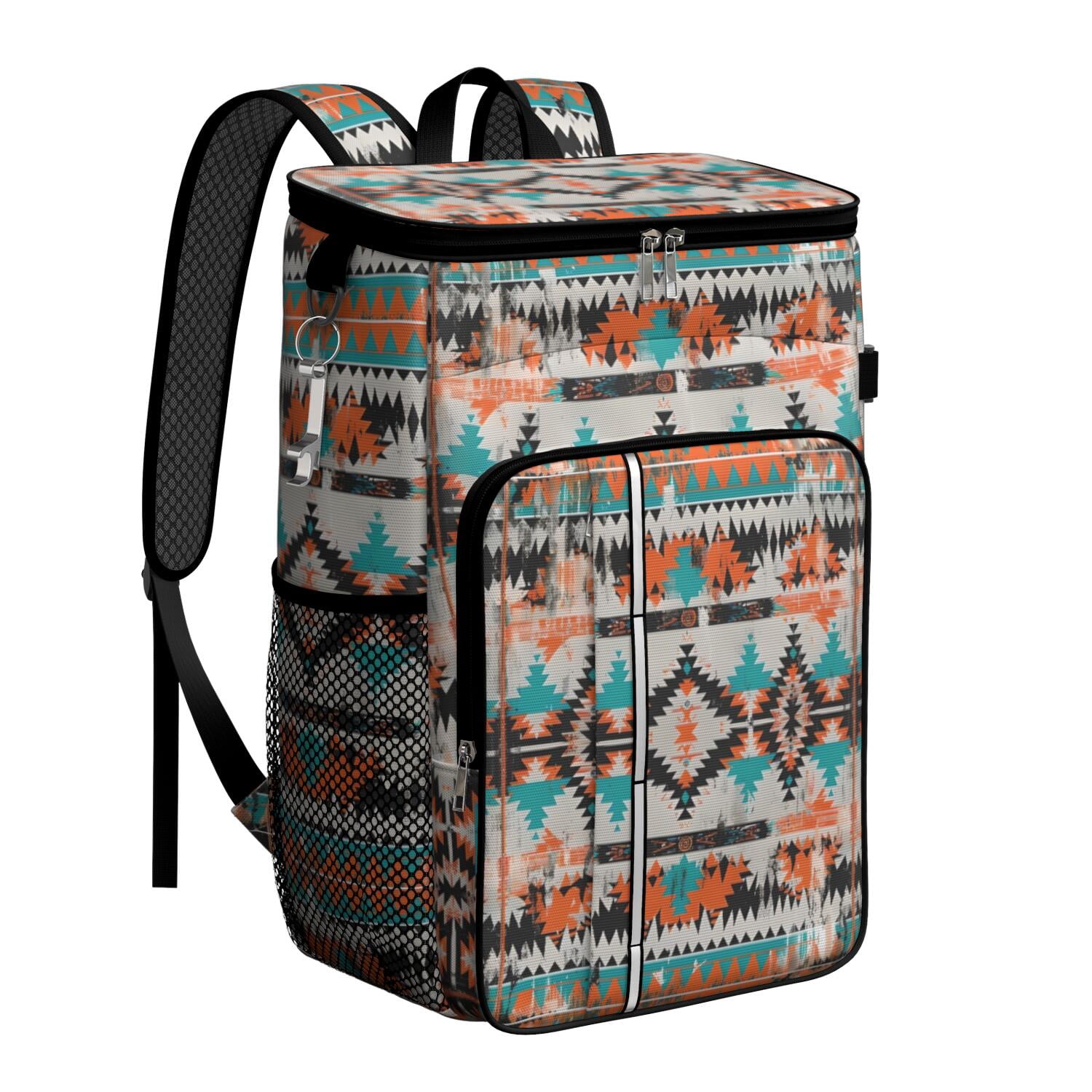 Travel Cooler Bag - Boho Bohemia Pioneer Flower Geometric Line Art Camping Beer Cooler Backpack with Bottle Opener- Waterproof Insulated Picnic Backpacks - Cooler Bag for Beach