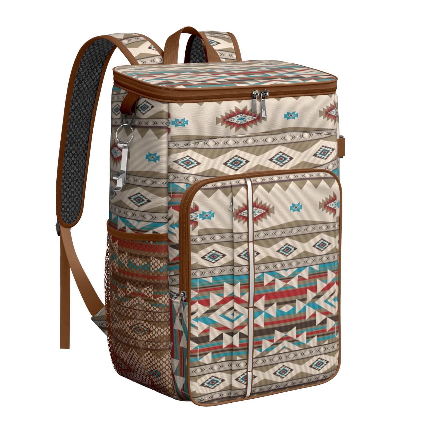 Travel Cooler Bag - Boho Bohemia Pioneer Flower Geometric Line Art Camping Beer Cooler Backpack with Bottle Opener- Waterproof Insulated Picnic Backpacks - Cooler Bag for Beach