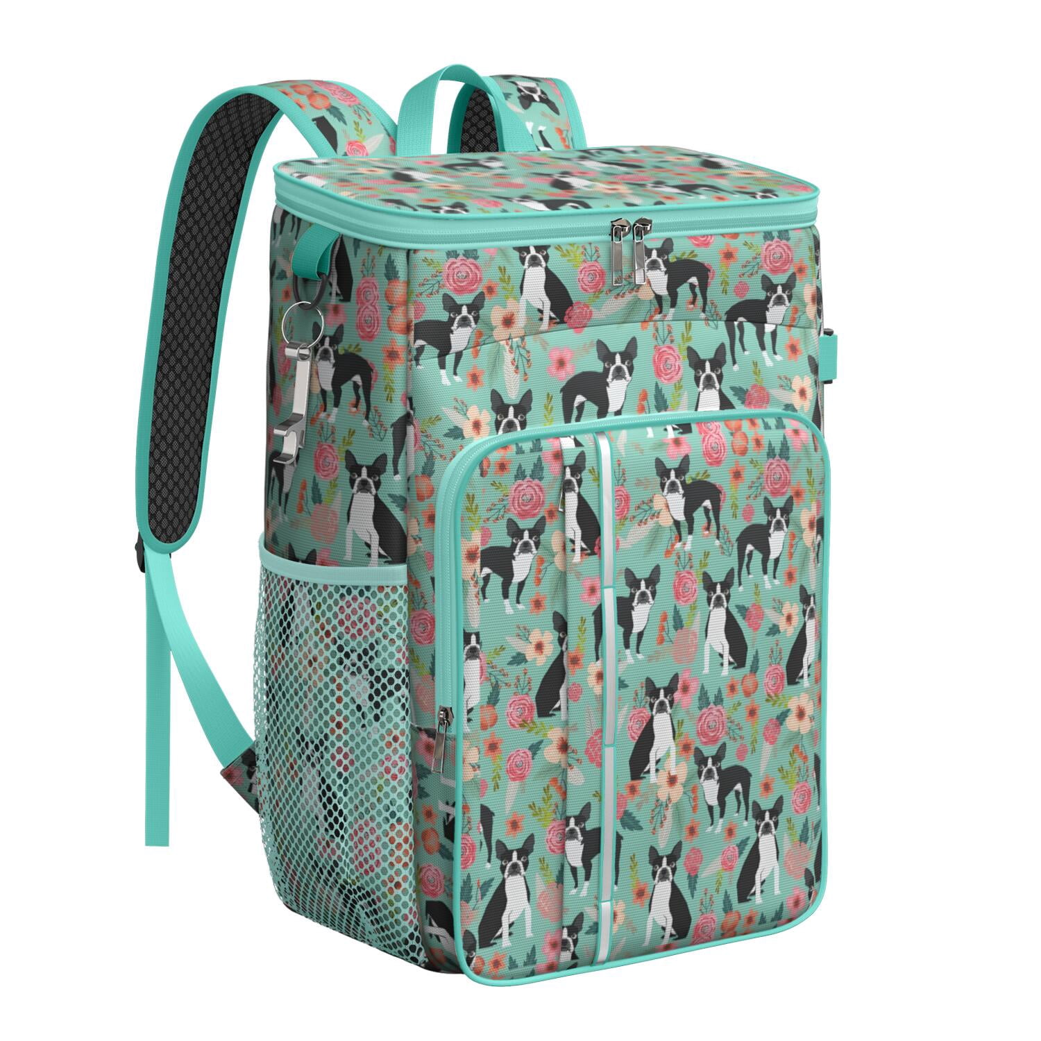 Travel Cooler Bag - Boston Terrier Floral Flowers Camping Beer Cooler Backpack with Bottle Opener- Waterproof Insulated Picnic Backpacks - Cooler Bag for Beach