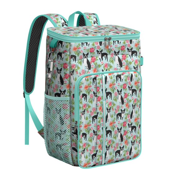 Travel Cooler Bag - Boston Terriers and Flowers Camping Beer Cooler Backpack with Bottle Opener- Waterproof Insulated Picnic Backpacks - Cooler Bag for Beach
