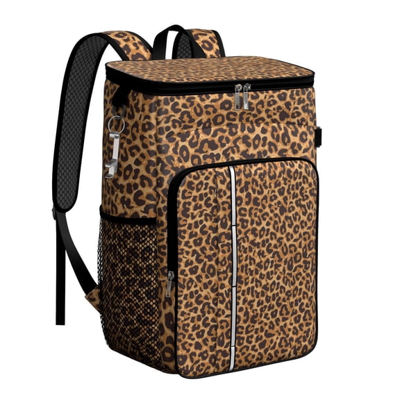 Travel Cooler Bag - Brown and Black Leopard Print Camping Beer Cooler Backpack with Bottle Opener- Waterproof Insulated Picnic Backpacks - Cooler Bag for Beach
