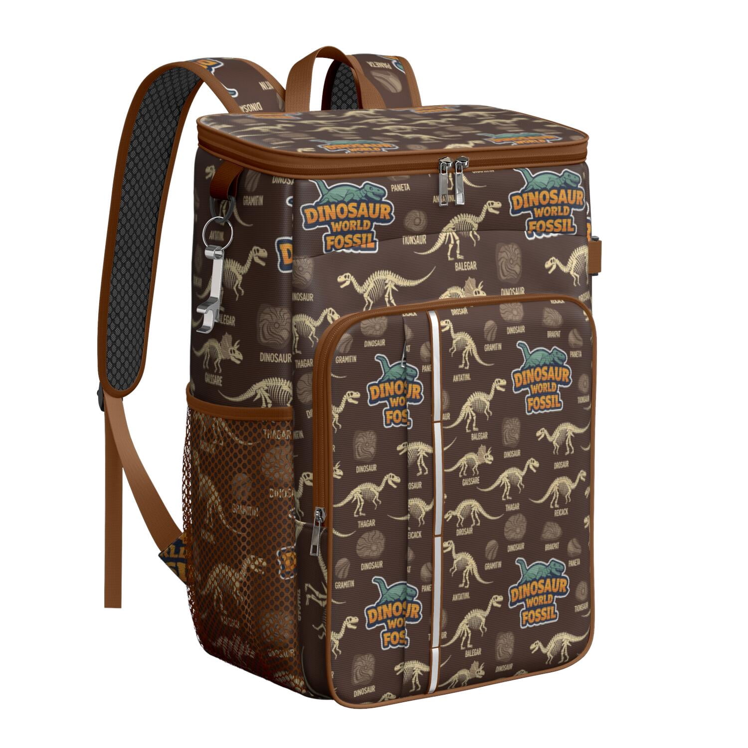 Travel Cooler Bag - Brown Cartoon Dinosaurs Fossils Pattern Camping Beer Cooler Backpack with Bottle Opener- Waterproof Insulated Picnic Backpacks - Cooler Bag for Beach