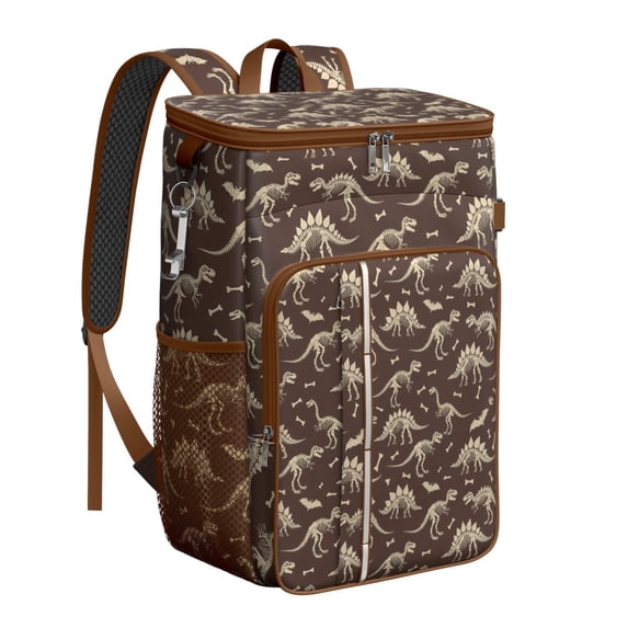 Travel Cooler Bag - Brown Cartoon Dinosaurs Fossils Pattern Camping Beer Cooler Backpack with Bottle Opener- Waterproof Insulated Picnic Backpacks - Cooler Bag for Beach
